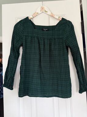 Madewell Green Plaid Long-Sleeve Square-Neck Top